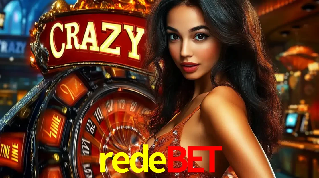 Mulher glamourosa olhando para a câmera com a roda vermelha do Crazy Time ao fundo em um ambiente de cassino, destacando a emoção dos jogos ao vivo no redebet.