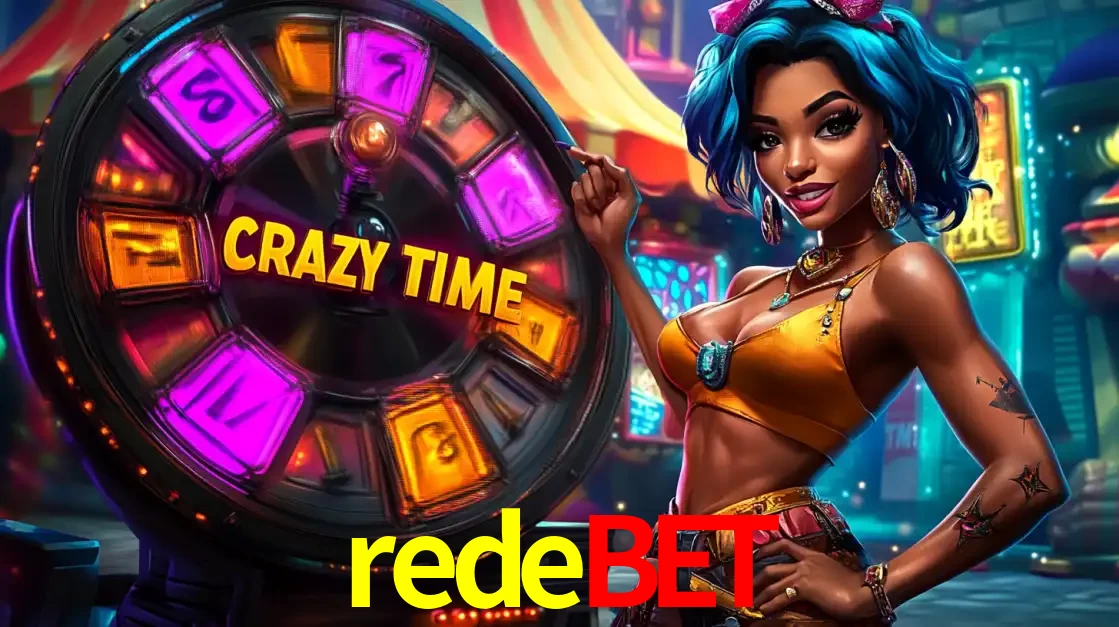 Mulher estilizada com cabelo azul e visual vibrante posando ao lado da roda de prêmios do game show Crazy Time, convidando para a diversão e os bônus do cassino redebet.